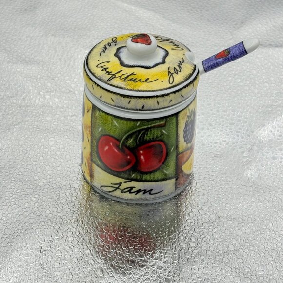 Hand-Painted Fruit-Themed Porcelain Jam Jar With Lid & Spoon‎ Set By MSC Berries - Picture 3 of 16